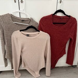BUNDLE Ribbed Knit Bodysuit Trio - Red, Beige, and Tan